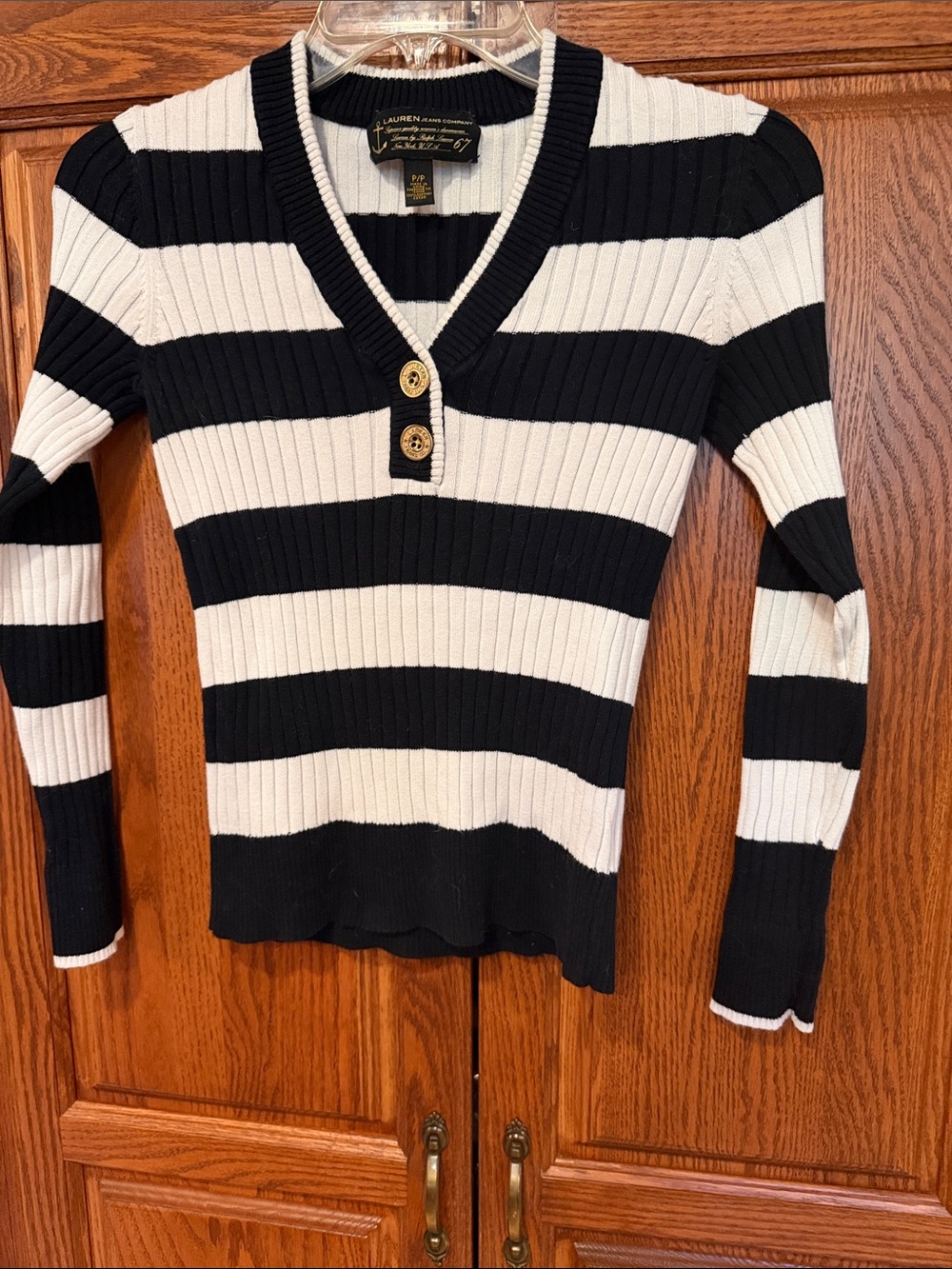 Lauren Ralph Lauren Black & White Ribbed V-Neck Sweater with Button Detail